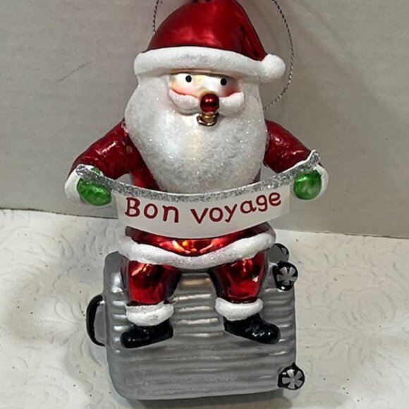 Bon Voyage Travel Christmas Santa Suitcase Glass Glitter Ornament 5"๐ - Picture 2 of 9